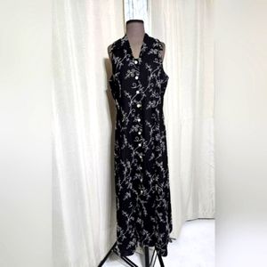 Coldwater Creek VTG Linen Floral Embroidered Mother Pearl Timeless Maxi Dress 12